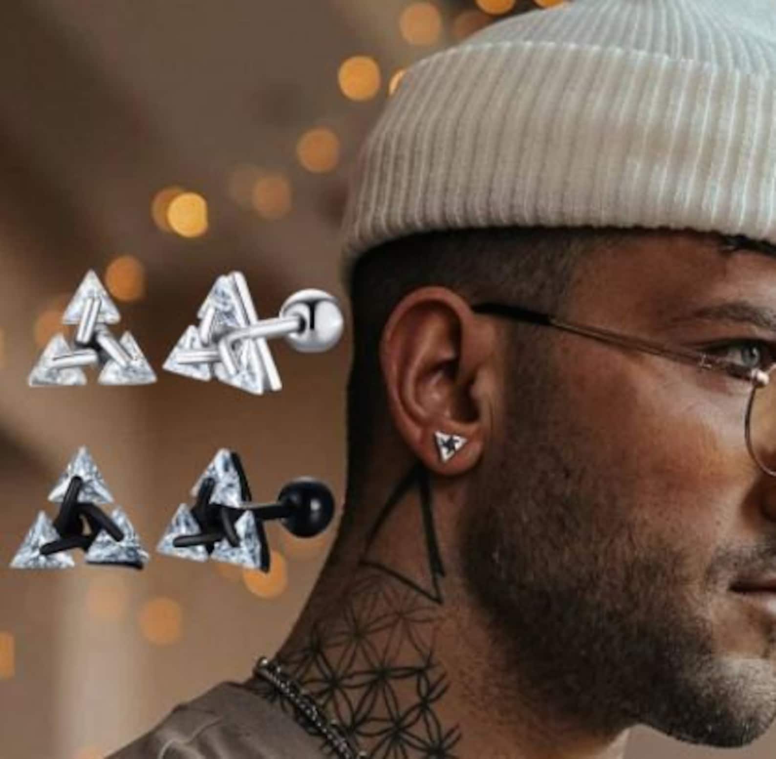 Mens Stud Earring Triangle Pierced Crystal Zircon Stud Etsy