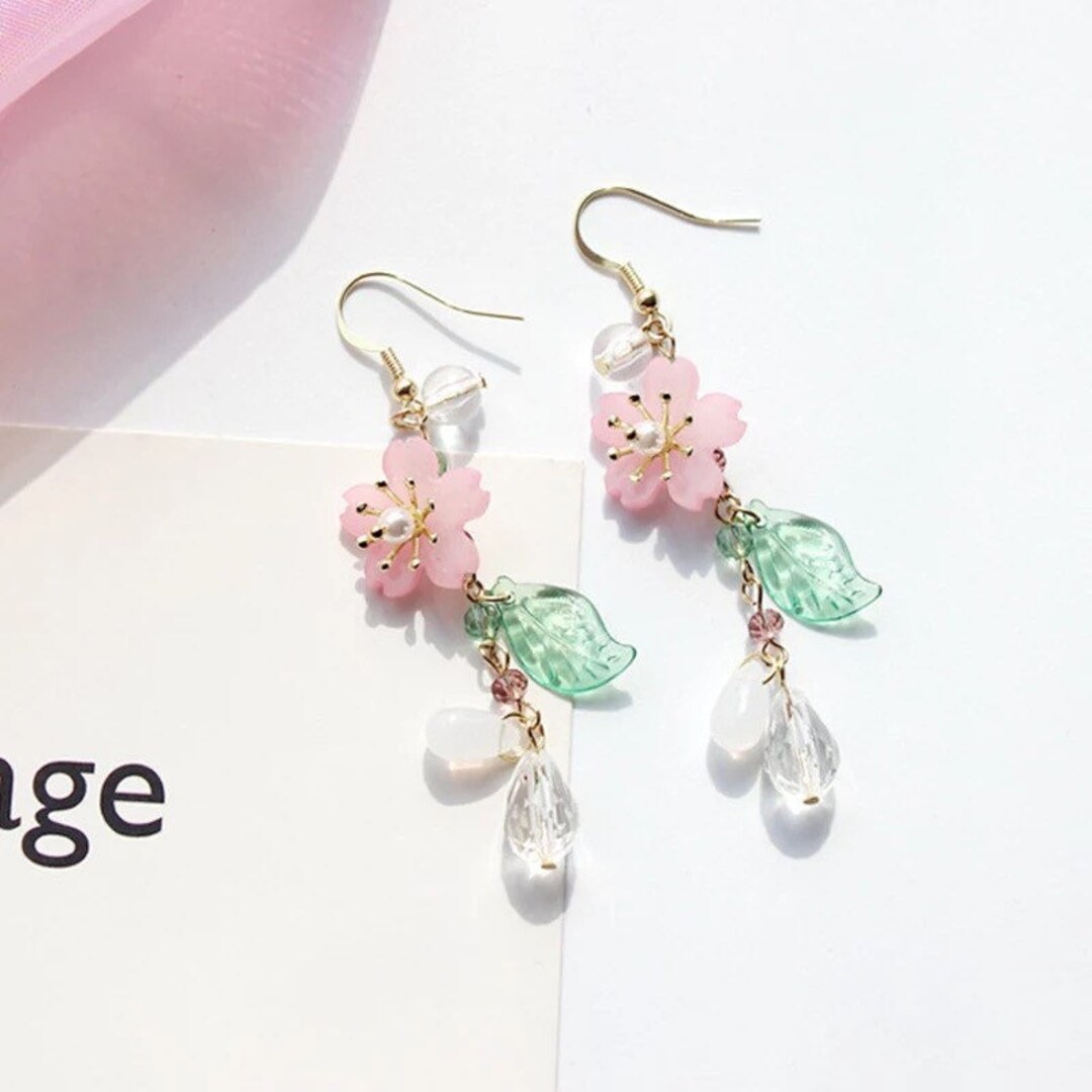 Sumeru Pink Green Flower Dangle Drop Earring - Etsy