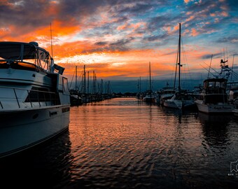 Sunset Marina Canvas Print: Fiery Coastal Nautical Wall Art