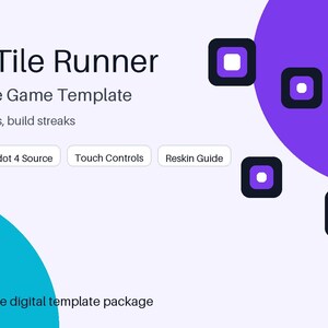 May include: A digital game template titled Neon Tile Runner for iOS and iPhone. The graphic features purple and teal circles, black and purple square tiles with white centers, and text labels: iOS Ready, Godot 4 Source, Touch Controls, Reskin Guide.