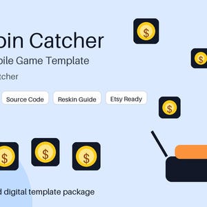 May include: Sky Coin Catcher Godot 4 Mobile Game Template with falling gold coin icons, a catcher basket, and labels for Catcher Arcade, Source Code, Reskin Guide, and Etsy Ready. This is a ready-to-upload digital template package for mobile games.