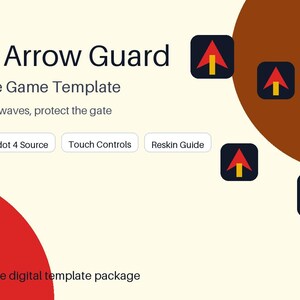 May include: A digital game template titled Castle Arrow Guard for iOS and iPhone featuring text that reads Fire arrows, stop waves, protect the gate, iOS Ready, Godot 4 Source, Touch Controls, Reskin Guide, and New iPhone-style digital template package.