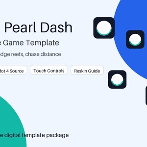 May include: A digital game template titled Ocean Pearl Dash for iOS and iPhone. The graphic features text including iOS Ready, Godot 4 Source, Touch Controls, and Reskin Guide, alongside five black square icons with white circles and teal accents.