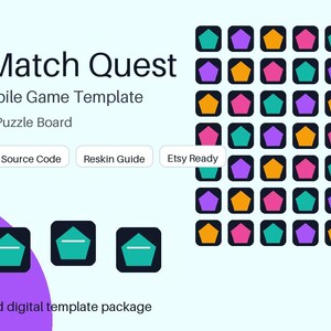 May include: A digital game template titled Gem Match Quest for Godot 4, featuring a grid of colorful pentagonal gem icons in purple, orange, and teal. The layout includes text labels for Match Puzzle, Source Code, Reskin Guide, and Etsy Ready.