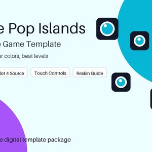 May include: A digital game template titled Bubble Pop Islands for iOS and iPhone. The graphic features text including iOS Ready, Godot 4 Source, Touch Controls, and Reskin Guide, alongside several black square icons with blue circular centers.