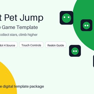 May include: A digital game template titled Pocket Pet Jump for iOS and iPhone. The graphic features text including iOS Ready, Godot 4 Source, Touch Controls, and Reskin Guide, alongside green circular icons with two white dots on a light background.
