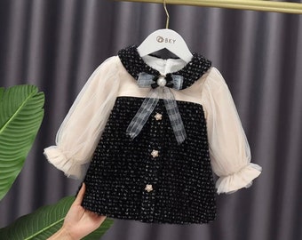 Baby Girl Warm Thick Formal Coat Dress, Black Tie, Baby Girl Long Sleeve Dress, Baby Black Dress, Baby Winter Dress