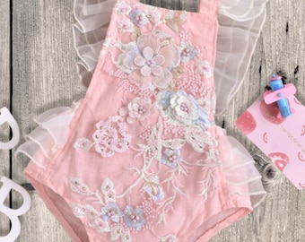 Fast Shipping, Easter Romper, Baby Girl Formal Lace Floral Linen Romper, Smash Cake Outfit, Baby Girl Outfit, Baby Girl Birthday