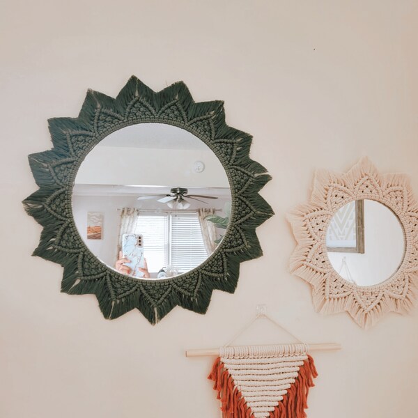 Macrame Mirror, Large Olive Green  Mirror, Mandala Mirror, round boho mirror, simple handmade macramé, Nursery Decor, Wall Decor