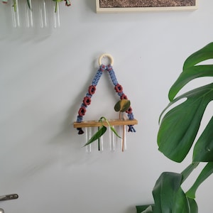 May include: A macrame plant hanger with a wooden shelf and glass test tubes. The hanger is blue and red with a white ring at the top. The shelf is holding small plants in the test tubes.