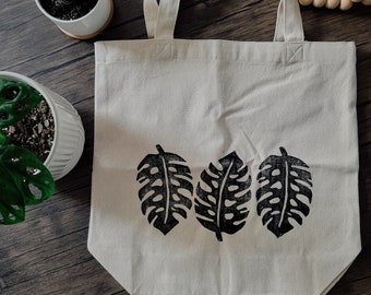 Monstera Print Canvas Tote Bag - Hand carved stamp - reusable tote bag