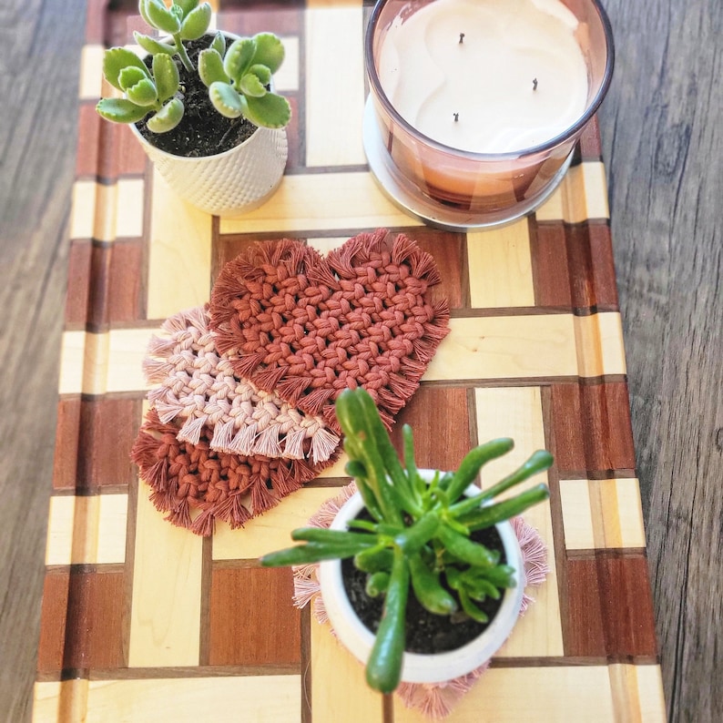 Macrame heart coasters, set of 2, Valentines Day, Valentines gift, coaster set, boho coaster image 1