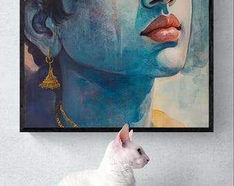 May include: A framed watercolor painting depicting a blue-skinned figure with a prominent orange and white tilak on the forehead, wearing gold earrings and a necklace, positioned above a white cat sitting on a white rumpled bedspread.