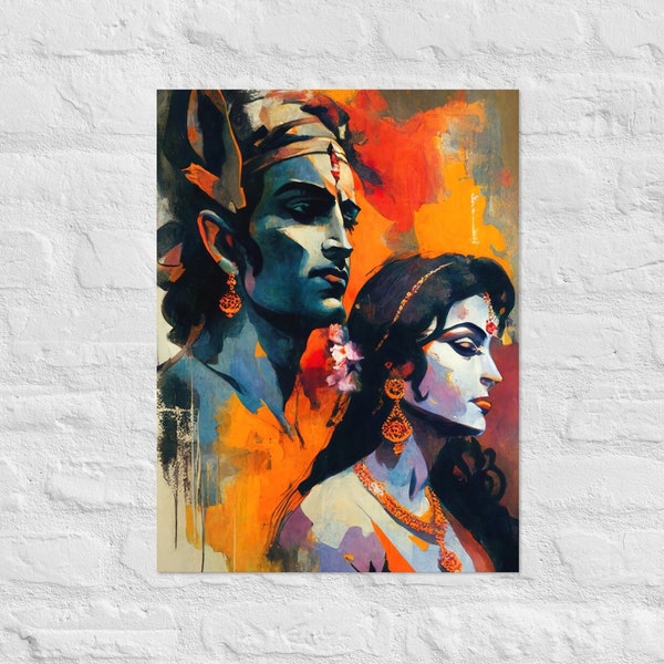 Lord Rama und Sita Digital Art | Hinduistische Kunst | Romantische Kunst | Liebe Kunst | Spirituelle Kunst | Ramayana | Midcentury Modern Art Portrait | Hinduismus