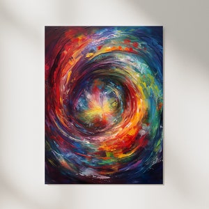 May include: Abstract painting of a swirling vortex of colors, including red, orange, yellow, green, blue, and purple. The center of the vortex is a bright white light.