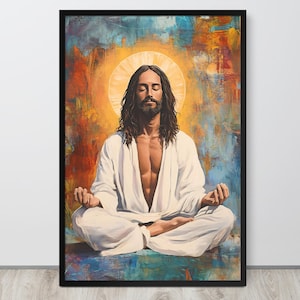 May include: A painting of a man with long hair and a beard meditating in a white robe. He is sitting in a lotus position with his eyes closed. The background is a colourful abstract painting with a halo of light around his head.
