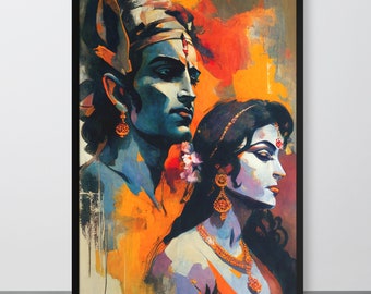 Lord Rama And Sita - Midcentury Modern Style Hindu Wall Art & Romantic Art Gift For Weddings Or Anniversaries