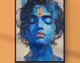 May include: A framed wall art print featuring a portrait of a person with blue skin, closed eyes, and messy dark hair. The figure has a prominent orange and white vertical mark on the forehead, set against a textured white and blue background.