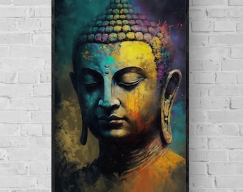 May include: A rectangular wall art print featuring a stylised portrait of Buddha with closed eyes. The artwork uses a vibrant colour palette of deep blues, bright yellows, and warm oranges, with a textured, painterly effect throughout the composition.