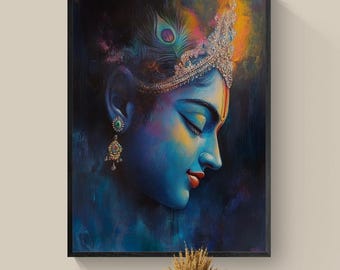 May include: A framed wall art print depicting a profile view of a blue-skinned figure with closed eyes, wearing an ornate crown with a peacock feather and a dangling earring, set against a dark, colorful, and abstract background.