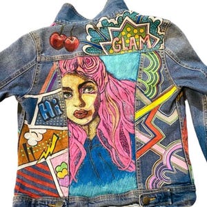 Custom  Colorful Painted Denim Jean Jacket Original Pop Art style STATEMENT Piece, festival, slow fashion