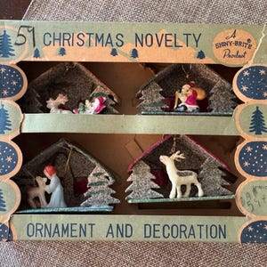 Vintage Christmas “Shiny Bright” Diorama Putz House Ornaments-4 in Original Box-Santa, Sleigh, Reindeer