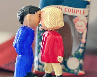 1980 Vintage Funny Wooden Picture Girl Kissing Boy, Kiss, Love
