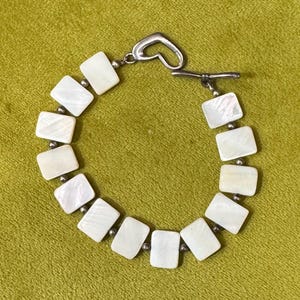 Vintage Mother of Pearl Bracelet with Sterling Silver Heart Toggle Clasp-Sterling Silver Beads