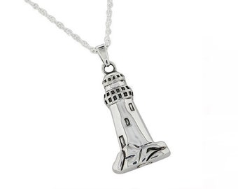 Custom Engraved Lighthouse Cremation Jewelry Pendant and Necklace for Ashes, Sterling Silver, Cremation Jewelry for Ashes