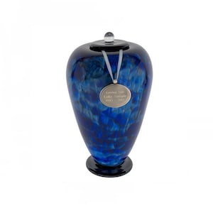 Custom Engraved Bluefire Hand Blown Glass Cremation Urn for Ashes, Blue Urn, Adult Sized Cremation Urn, 12.75 Inches High