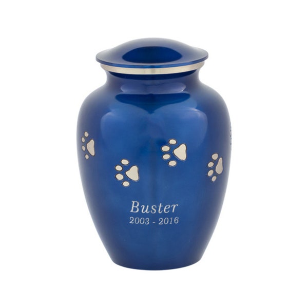 Engraved Blue with Silver Paw Prints Medium Pet Cremation Urn for Ashes, Brass, Blue Pet Urn, Dog Urn, Cat Urn, 6 Inches High