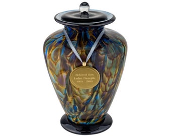 Engraved Sonata Hand Blown Glass Cremation Urn for Ashes, Multi Colored Urn, Adult Sized Cremation Urn, 12.25 Inches High