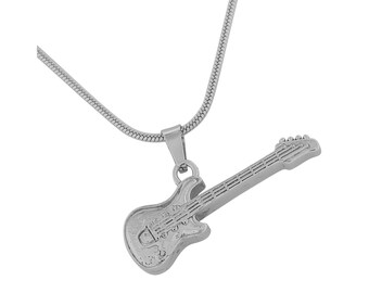 Custom Engraved Guitar Pendant and Necklace for Ashes, Stainless Steel, Cremation Jewelry for Ashes