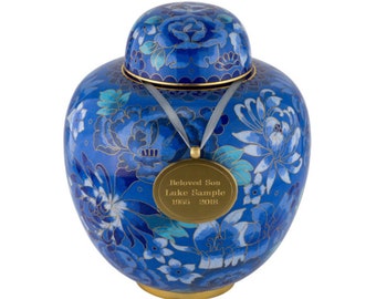 Custom Engraved Azure Blue Cloisonne Cremation Urn for Ashes, Metal, Blue Enameled Urn, Adult Sized Cremation Urn, 9.5 Inches High