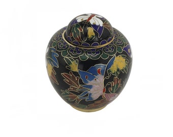 Butterfly Cloisonne Keepsake Cremation Urn for Ashes, Metal, Black Enameled Urn, Keepsake Sized Cremation Urn, 3 Inches High