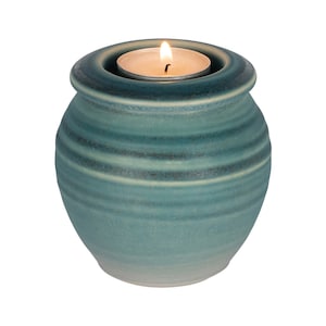 Meridian Ceramic Tealight Cremation Urn for Ashes in Seabreeze Blue Green, Memorial Candle, Extra Small Sized Cremation Urn, 4 Inches High