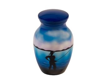 Fishing Keepsake Cremation Urn for Ashes, Aluminum, Blue Urn, Keepsake Sized Cremation Urn, 3 Inches High