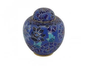 Azure Blue Cloisonne Keepsake Cremation Urn for Ashes, Metal, Blue Enameled Urn, Keepsake Sized Cremation Urn, 3 Inches High