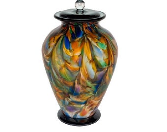 Interlude Hand Blown Glass Cremation Urn, Multi Color Marbled Glass Urn for Ashes, Adult Sized