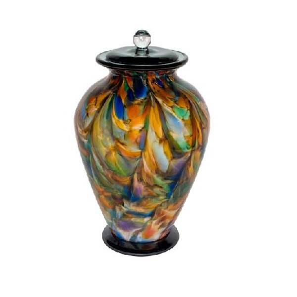 Interlude Hand Blown Glass Cremation Urn, Multi Color Marbled Glass Urn for Ashes, Adult Sized