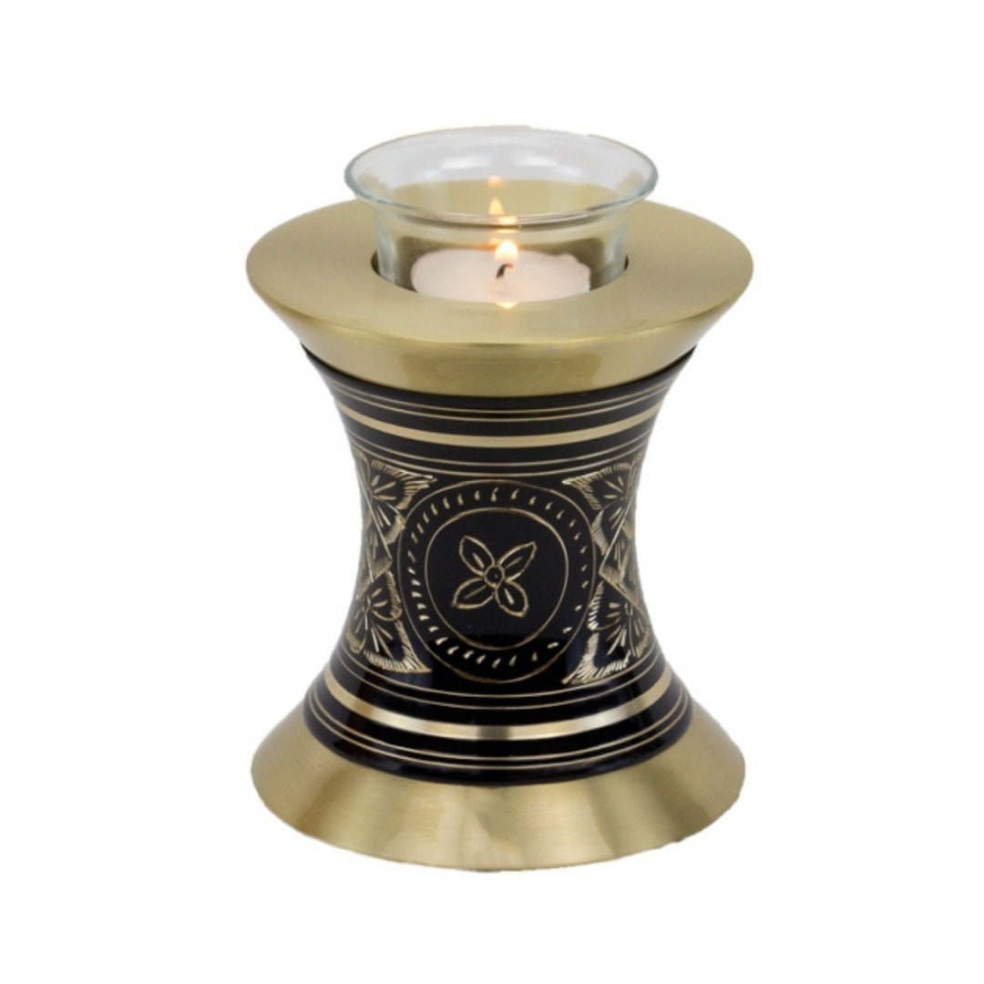 Black Elegance Tealight Cremation Urn for Ashes, Brass Memorial Candle