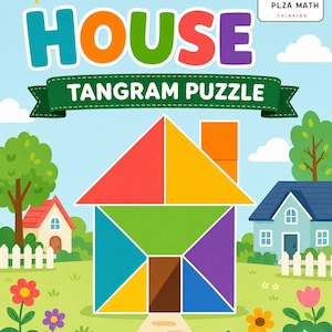 Op de afbeelding: Een House Tangram Puzzle speldoos met een kleurrijk geometrisch huis gemaakt van rode, gele, groene, paarse en blauwe driehoeken en vierkanten. De tekst luidt HOUSE TANGRAM PUZZLE, PLZA MATH THINKING en LEARN, CREATE & HAVE FUN!