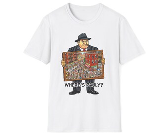 Where's Pauly? Illustration T-Shirt | Retro Mobster Holding Cityscape