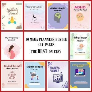 Mega Planner Bundle, Pregnancy, Health, Baby Shower, Gratitude, Business, Social Media, ADHD, Manifestation, Budget, Mental Health Planners