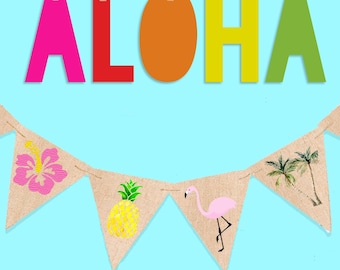 Tropical Summer Banner, Aloha Sign, Flamingo, Hibiscus Bunting,  Tropical Theme Party Decor Printable