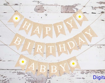 Daisy Happy Birthday Personalized Banner, Flower Birthday Party, Summer Birthday Party, Spring Birthday Decorations, Daisy Banner Printable