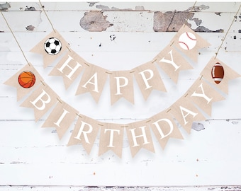 Sportfödelsedagsdekor, grattis på födelsedagen-banderoll, sportfödelsedagsfest, baseboll, fotboll, basketfest, utskrivbar födelsedagsdekor