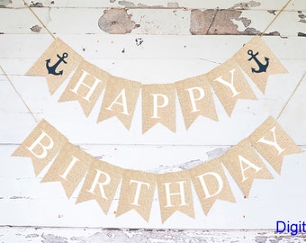 Banner di buon compleanno con ancora, arredamento per feste di compleanno nautiche, banner di buon compleanno nautico, banner di buon compleanno, arredamento di ancoraggio stampabile