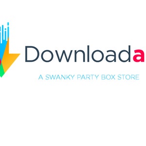 May include: A logo for a company called "Downloadabl", a swanky party box store. The logo features a stylized blue, red, yellow, and green arrow pointing down with a series of blue vertical lines above it.