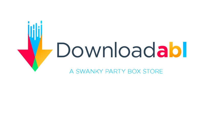 May include: A logo for a company called "Downloadabl", a swanky party box store. The logo features a stylized blue, red, yellow, and green arrow pointing down with a series of blue vertical lines above it.